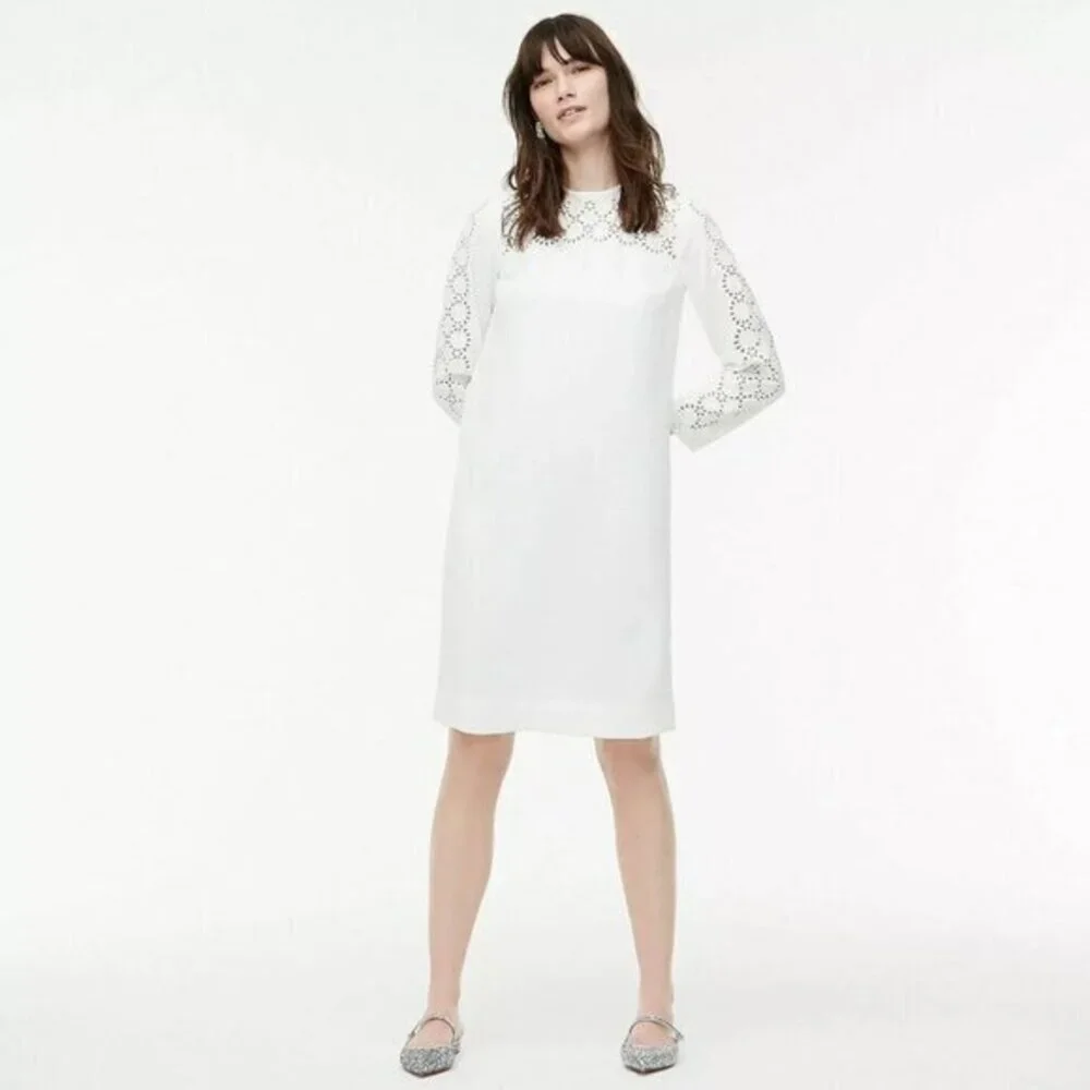 J. Crew White Laser-Cut Eyelet Lace Long Sleeve Shift Dress in 365 Crepe Size 14